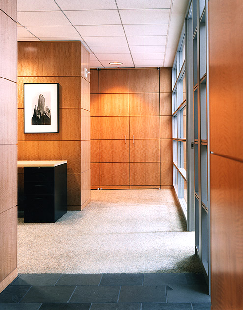 Flooring, architectural windows, wooden paneling ceiling tiles at the Bank of New York Built Out